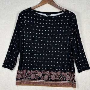 Ann Taylor Factory Womens Black Floral Border Print 3/4 Sleeve Knit Top Large